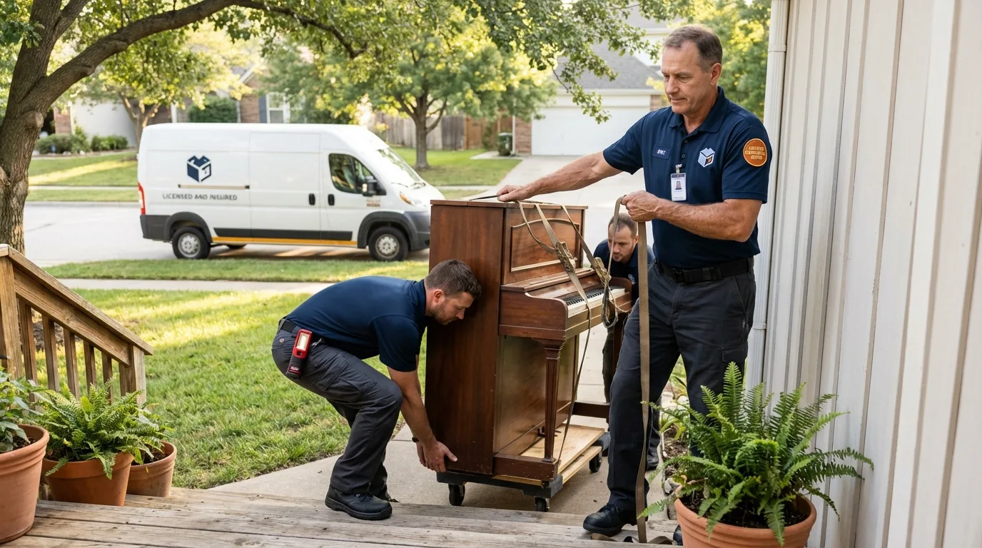 Licensed piano movers securing grand piano in Fraser, CO