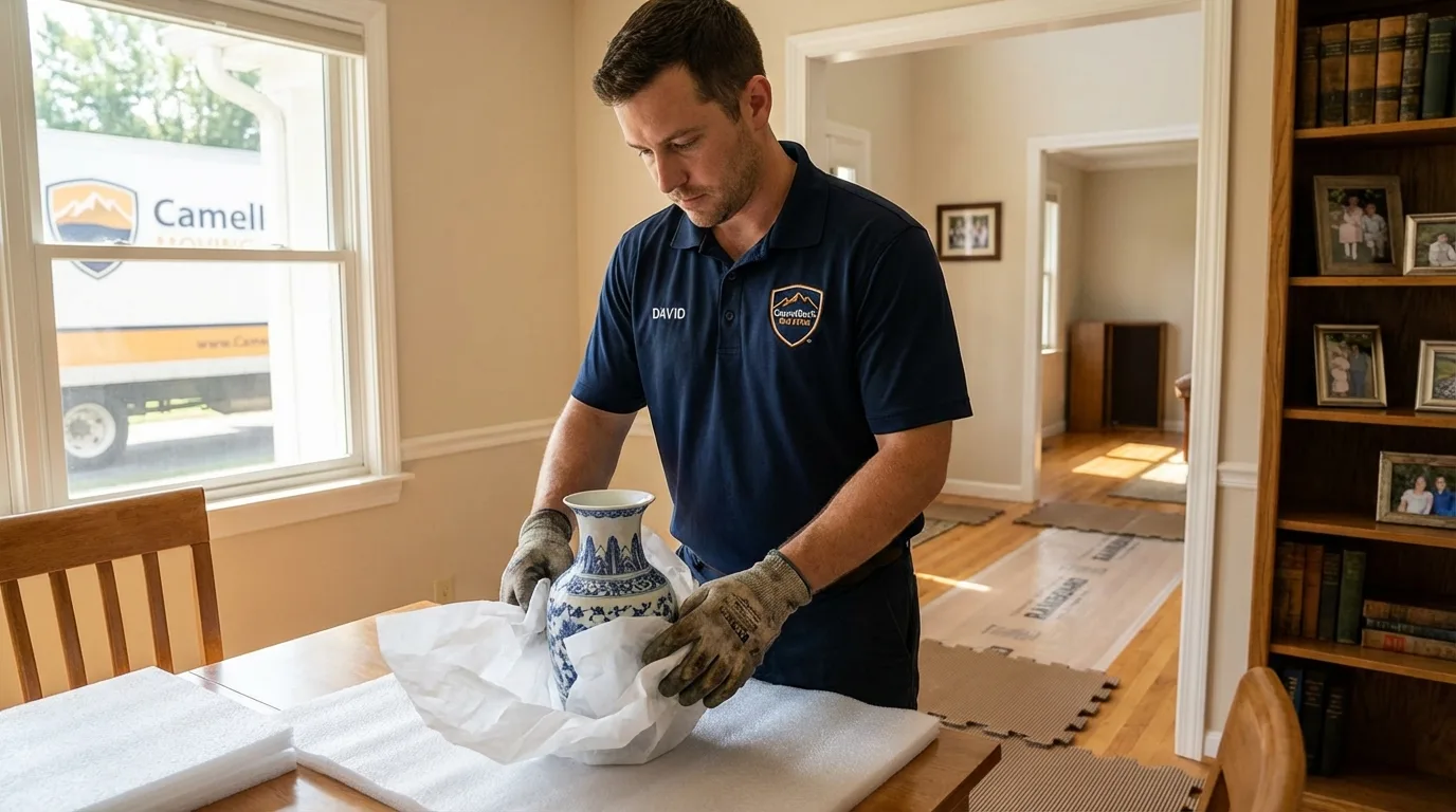 Professional crew carefully wrapping antique vase for senior downsizing move in Fraser, CO